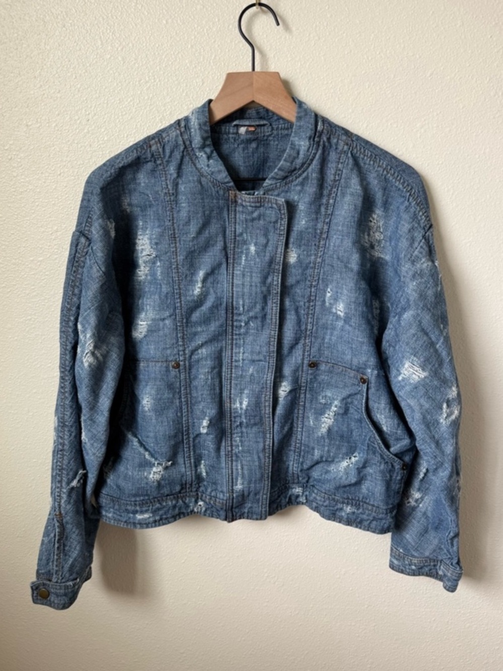 Free People Relaxed Denim Bomber Jacket Blue Size Medium